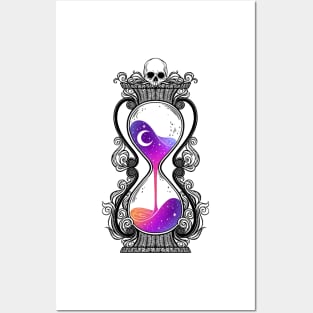 Antique Hourglass illustration with skull and stars. Memento mori Posters and Art